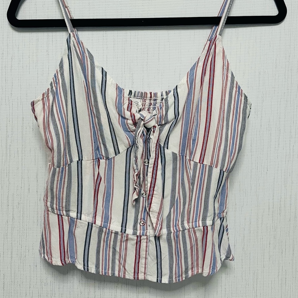 blue,red, white blouse with ruffles